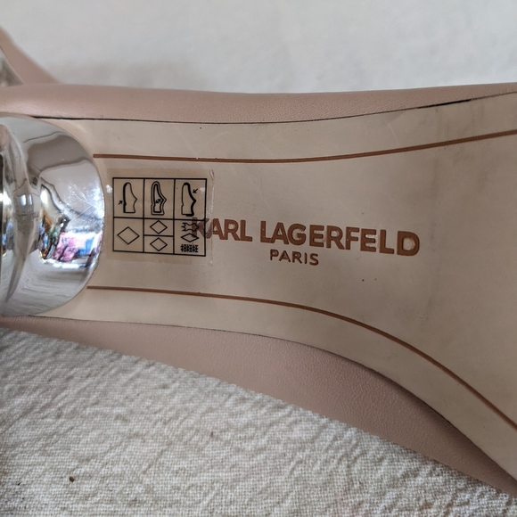 Karl Lagerfeld Sz 6.5 Pump Tan Black Colorblok Cut Out Mirror Chunky Block Heel - Picture 5 of 16